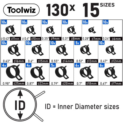 Toolwiz 130Pcs 6-25mm Spring Band Hose Clamps Assortment with Clamp Plier | Swivel Radiator Hose Clamp Pliers, Constant Tension Hose Clamp for Fuel Line, Silicone Vacuum Hose, Air Tube, Water Pipe - style: 130Pcs Spring Clamps with Plier
