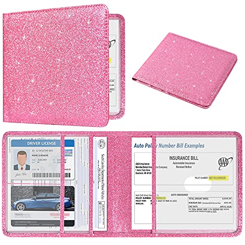 DMLuna Car Registration and Insurance Holder, Folio Leather Vehicle Card Document Glove Box Organizer, Auto Truck Compartment Accessories for Essential Information, Driver License Cards, Glitter Pink - color: Glitter Pink, size: Folio Style