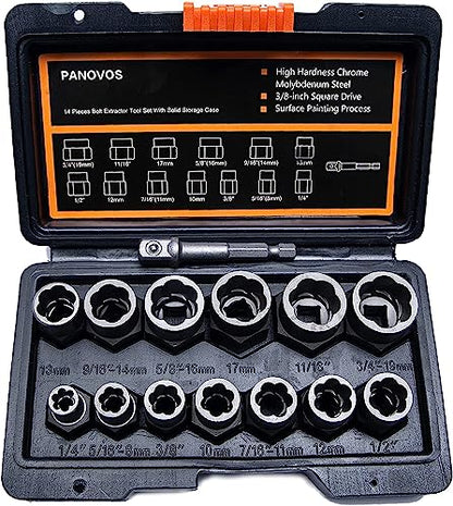 Screw Bolt Nuts Extractor Socket Set, 14 Pieces Impact Bolt & Nut Remover Set, Stripped Lug Nut Remover, Extraction Set for Removing Damaged, Frozen, Rusted, Rounded-Off Bolts, Nuts & Screws