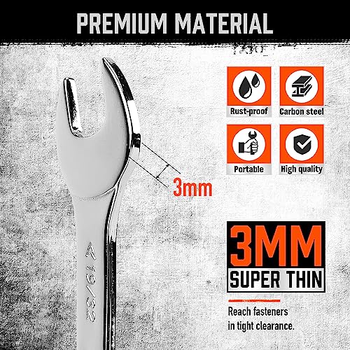 HORUSDY Thin Wrenches Set | SAE | 9-Piece | Including 1/4" - 1" | Bike Wrench Set | Thin Open End Wrench Set with Rolling Pouch - size: SAE 9-Piece