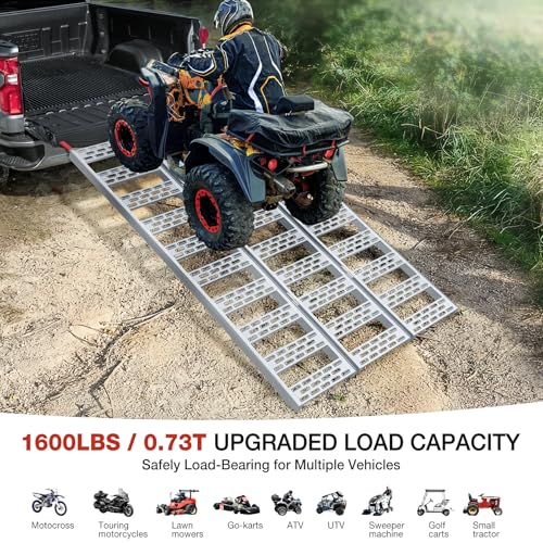 Aluminum Tri-Folding Truck Ramps 1600Lbs Max, Loading Ramps for Pickup Trucks Bed, Trailers Ramp with Load Straps for ATV/UTV, Sweeper Machine, Golf Carts, Touring Motorcycles, Small Tractor