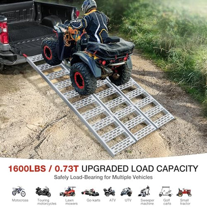 Aluminum Tri-Folding Truck Ramps 1600Lbs Max, Loading Ramps for Pickup Trucks Bed, Trailers Ramp with Load Straps for ATV/UTV, Sweeper Machine, Golf Carts, Touring Motorcycles, Small Tractor
