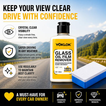 Glass Oil Film Remover for Car Windows, Professional Windshield Cleaner & Restorer, Eliminates Water Spots, Grime & Night Glare, Auto Glass Stripper Kit with 2 Sponges, 150ml (5.1oz)