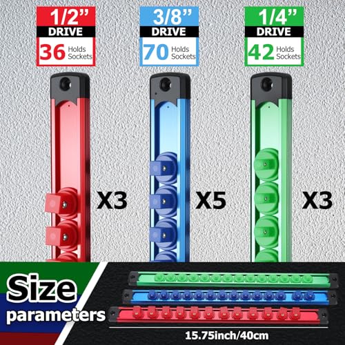 11 Pcs Magnetic Socket Organizer Set, 1/2", 1/4", 3/8" Magnetic Socket Rail for Tool Box Drawer, Socket Holder Magnetic with 148 Pcs Standard Size for Automotive Garage