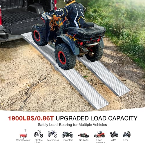 Aluminum Loading Ramps, 1900Lbs Capacity, 7.5ft Trunk Ramps for Pickup Trucks, Trailers Ramp with Load Straps for ATV/UTV, Lawn mowers,Tractors, Motorcycles, 91" L x 11.4" W, 2Pcs