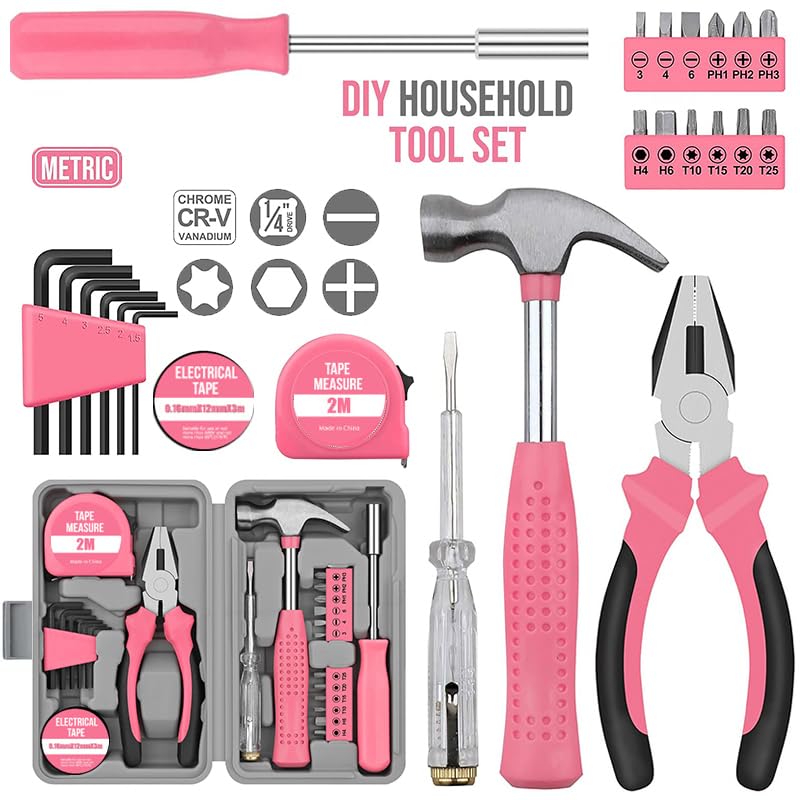 24Pcs Pink Home Repair Tool Kit for Women - Compact Mini Starter Hardware Set with Hammer, Pliers, Screwdrivers - Portable Household Hand Tools, Ideal Christmas & New Year Gift for Ladies