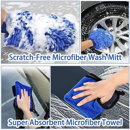 Wontolf 62'' Car Wash Brush with Long Handle, Scratch-Free Soft Bristles Sturdy Car Wash Mop Kit, Complete Car Cleaning Brush Kit Wash Mitt Towel Windshield Squeegee Wheel Tire Brush for Car Truck RV - color: Blue
