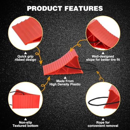 PAHTTO Wheel Chocks, 4Pack Heavy Duty Wheel Chocks with Rope for Easy Removal, Durable, Non-Slip, Hard Plastic Wheel Chocks for, RV, Camper, Effective in Keeping Your Vehicle in Place, Red - color: Red
