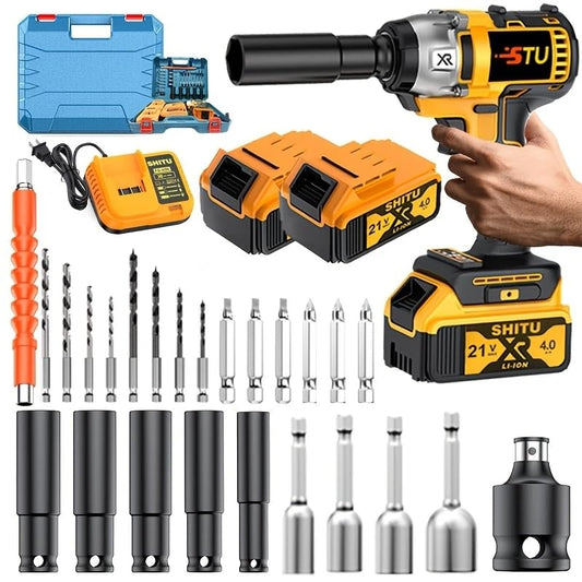 Wireless impact wrench, lithium-ion impact wrench with charger, portable fast charging tool - suitable for home and car maintenance (升级电池*2+塑料盒) - style: 2 Upgraded Batteries + Plastic Box