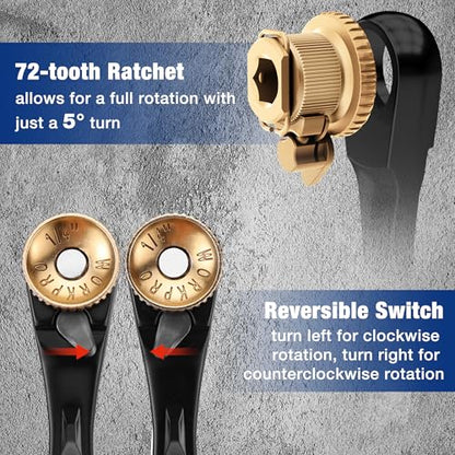 WORKPRO 1/4" Mini Ratchet Wrench Set with Magnetic Bit Holder, Screwdriver Bit Set, S2 Steel, Metric Shallow Socket (6-13mm), 72-Tooth, Right Angle Screwdriver, with Storage Case for DIY, Auto Repair | Mini Ratchet Wrench 1/4" Double Head 3-in-1 S2 Steel