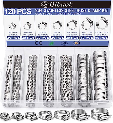 Hose Clamp- Qibaok 120 PCS Stainless Steel Hose Clamps Assortment Kit | 1/4''–1-1/2'' Worm Gear Clamps for Fuel Line, Plumbing, Automotive, Mechanical Applications, Pipe, Tube, Radiator, Garden