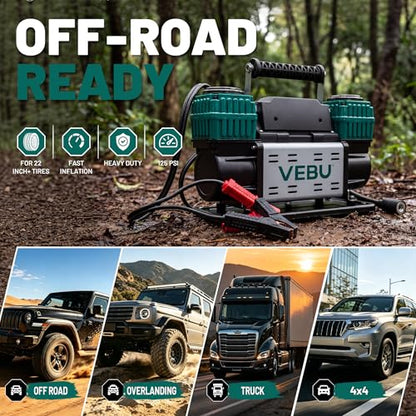 Heavy Duty Air Compressor 12V Tire Inflator, Dual Cylinder 125PSI with In-line Pressure Gauge, 10.6CFM Fast Inflation for Off-road Vehicles, Trucks, SUVs, RVs, ATVs, DC Power, Corded Electric - style: Dual Cylinders + Inline Gauge