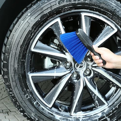 TAKAVU Wheel & Tire Brush, Stiff Bristle Short Handle, Scratch-Safe (Blue) | Includes Detail Brush, Cleans Rims, Wheel Wells, Interior Vents & Emblems, Car Detailing Cleaning Kit - color: Blue