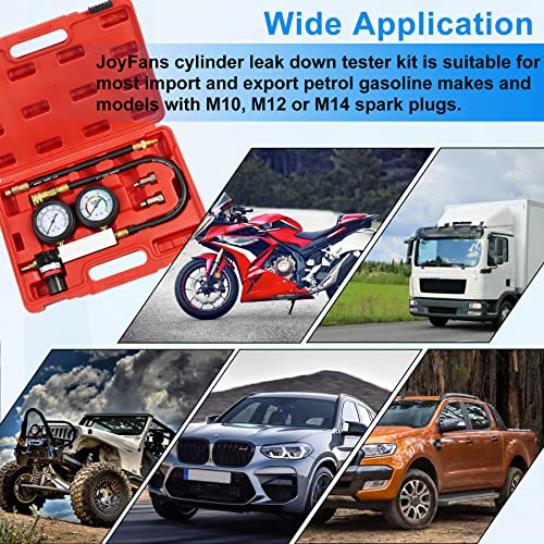 JoyFans Cylinder Leak Down Tester Kit, Professional Dual Pressure Gauges Engine Compression Leakdown Detector Leakage Test Set for Gasoline Engine with 10 12 14mm Spark Plugs Red - color: Red