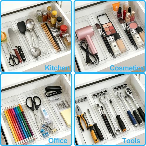 Manalete 4 Pack 15"x6" Extra Large Clear Plastic Drawer Organizer Trays, Multi-Purpose Storage Bins for Vanity, Makeup, Kitchen Utensils, Bathroom, Office Desk, Auto Tools & Craft Supplies - size: 4 Pack 15"×6"