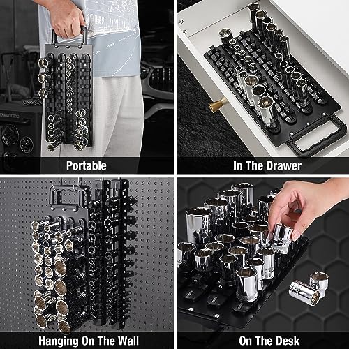 ALOANES 96-Piece Portable Socket Organizer Steel Tray, Socket Holders with Portable Handle, Heavy Duty Socket Holder Kit, 1/2-inch x 28 Clips, 3/8-inch x 36 Clips, 1/4-inch x 32 Clips(Black)