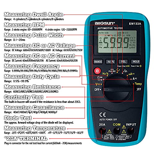 allsun EM133A Auto Multimeter AC/DC Volt Ohm Amp Tester Tool | RPM, Dwell, Pulse Width, Temp, Capacitance, Continuity, Frequency. Diagnostic for car repair, workshop, DIY maintenance