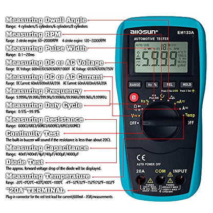 allsun EM133A Auto Multimeter AC/DC Volt Ohm Amp Tester Tool | RPM, Dwell, Pulse Width, Temp, Capacitance, Continuity, Frequency. Diagnostic for car repair, workshop, DIY maintenance