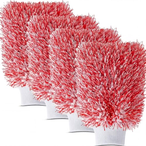4 Pack Microfiber Car Wash Mitts Set 10x7 Inch Soft Suede Lining Car Wash Gloves, Highly Absorbent Scratch-Free Cleaning Cloths for Auto Detailing, Safe with All Soaps, Bucket (Red) - color: Red