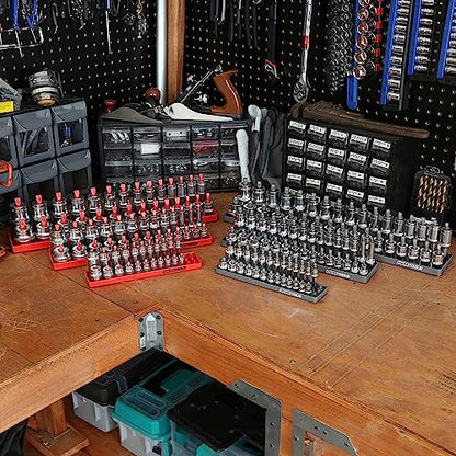OEMTOOLS 22413 6 Piece SAE and Metric Socket Tray Set, SAE and Metric Socket Storage for Sizes 1/4", 3/8”, and 1/2" Drive, Socket Holders and Socket Organizer Tray for Toolbox, Red/Grey | Optimize Toolbox Organization, Designed for Shallow and Deep Socket
