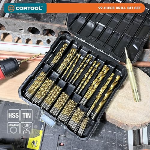 Drill Bit Set, 99-Piece Metal Drill Bits, High Speed Steel Titanium HSS Twist Drill Bits Set with Storage Case & Center Punch for Wood/Steel/Aluminum/Plastic/Fiberglass Size, 1/16 to 3/8 Inch