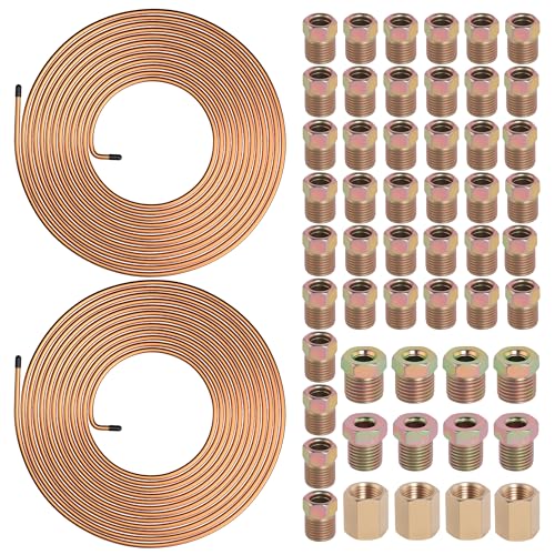 2 Sets 25 FT 1/4" Brake Line Tubing Assortment Kit with 54 Pcs Brake Line Fittings(7/16 Inch-24 Threads Nuts and Unions,1/2 Inch-20 Thread,9/16 Inch-18 Thread Nut) - size: 0.25 Inch
