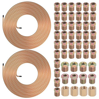2 Sets 25 FT 1/4" Brake Line Tubing Assortment Kit with 54 Pcs Brake Line Fittings(7/16 Inch-24 Threads Nuts and Unions,1/2 Inch-20 Thread,9/16 Inch-18 Thread Nut) - size: 0.25 Inch