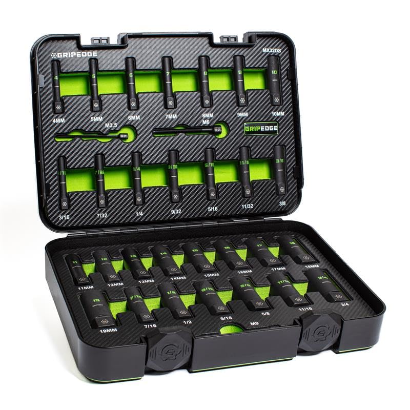 GripEdge | 32-PC 1/4" & 3/8" Drive Deep Metric & SAE Master Socket Extractor Set| Includes sizes - 4-19mm & 3/16-3/4" | Includes Premium Plastic Case With Foam Insert |