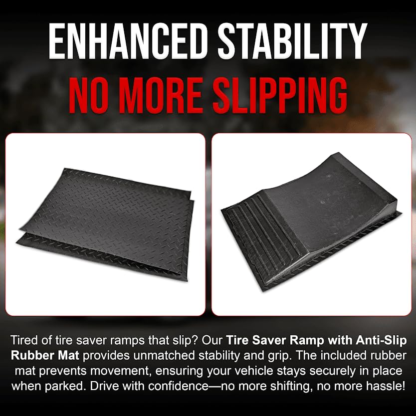 USA Made Extra-Wide Heavy-Duty Flat-Free Tire Ramps with 4 Thick Mats – Prevent Flat Spots During Long-Term Storage – Non-Slip HDPE Ramps Support 10 Tons – for Cars, RVs, Trucks – Set of 4