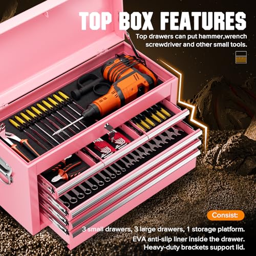 Oakcloud Heavy-Duty 8-Drawer Rolling Tool Chest & Cabinet Combo with Black Liner – Lockable Steel Garage Tool Box on Wheels – Detachable Top Toolbox & Bottom Storage Cart with Side Hooks, Pink - color: Pink, size: 8-Drawer