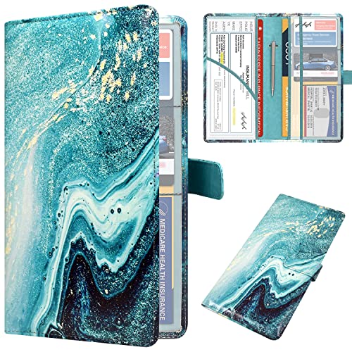 DMLuna Car Registration and Insurance Holder, Leather Vehicle Card Document Glove Box Organizer, Auto Truck Compartment Accessories for Essential Information, Driver License Cards, Blue/Green Marble - color: Blue/Green Marble, size: Magnetic Closure Style
