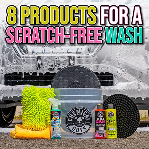 Chemical Guys HOL_128 Car Cleaning Kit, with Car Wash Soap, Car Wash Bucket and 16oz Car Care Cleaning (8 items) (Pack of 2) - style: 2 PACK KIT