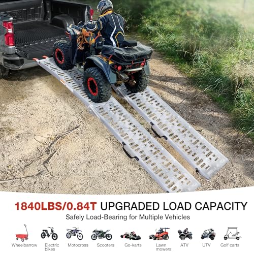 1840lb Capacity Truck Ramps, Aluminum Folding Loading Ramps for Car, Truck & Trailer Bed - with Load Straps for ATV/UTV, Golf Carts, Lawn Mowers, Go-Karts, Wheelbarrow, Motorcycles