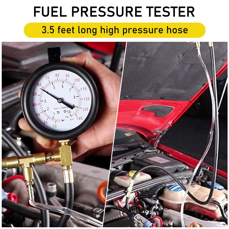 Yonligonju Fuel Injection Pressure Tester Kit 0-140 PSI Pro Auto Fuel Pressure Gauge for Fits Most Cars and Trucks