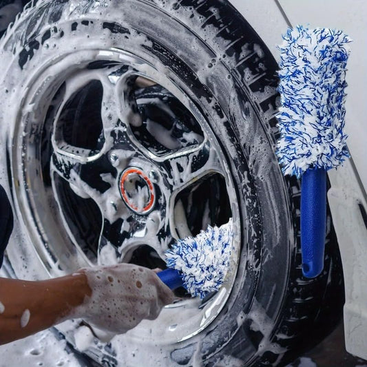 Microfiber Wheel Cleaning Brush – Dual-Color Bristles for Deep Stain Removal, Ergonomic Handle, Safe for Car Paint, Durable Blue Tool for Car, Truck & Motorcycle Wheels