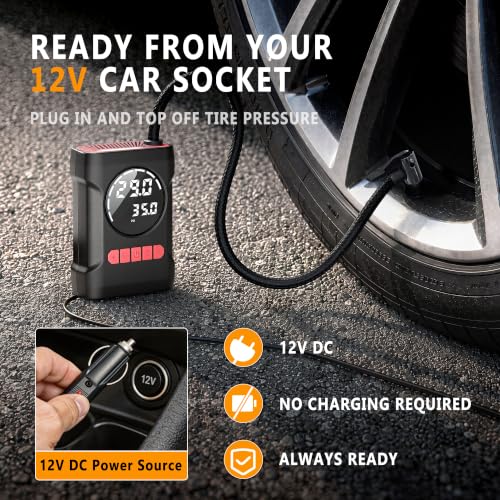 ROCGORLD R6 12V DC Tire Inflator Portable Air Compressor, Car Air Pump with Dual Digital Display, Preset Pressure, Auto Shut-Off, 3 Light Modes, Plug-In Tire Pump for Cars, Motorcycles, Bikes, Balls