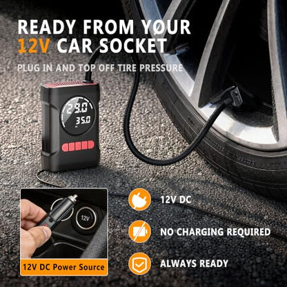ROCGORLD R6 12V DC Tire Inflator Portable Air Compressor, Car Air Pump with Dual Digital Display, Preset Pressure, Auto Shut-Off, 3 Light Modes, Plug-In Tire Pump for Cars, Motorcycles, Bikes, Balls
