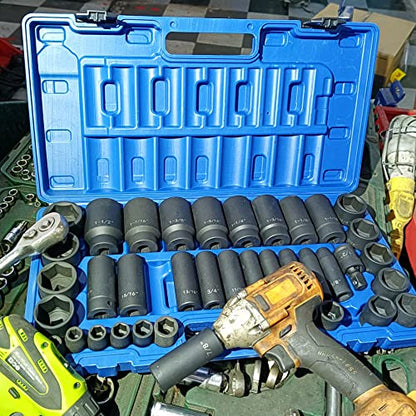 MacWork 39PCS 1/2-Inch Drive Impact Socket Set, CR-V Steel Standard & Deep Socket, SAE, 3/8" to 1-1/2", Universal Joint of 1/2", 6-Point Hex Radius Corner Design