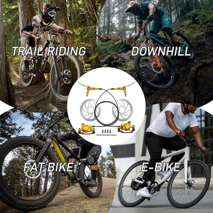 TOBWOLF Premium Gold MTB Hydraulic Disc Brake Set, Pre-Bled Dual Piston Aluminum Calipers & Levers with 160mm Rotors, Left Front 810MM & Right Rear 1470MM for Mountain Bike, E-Bike, Fat Bike - color: Gold Hydraulic Disc Brake Set - Dual Piston