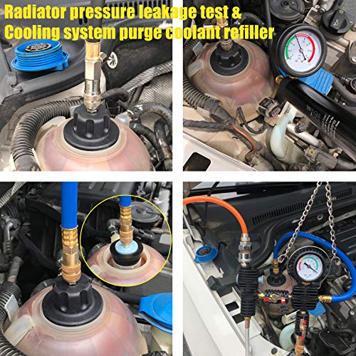 YSTOOL Radiator Pressure Tester Coolant Vacuum Refill Kit 33PCS Automotive Cooling System Leak Test Pneumatic Water Tank Purge Fill Tool Set with Gauge Adapter Cap Universal for Auto Car Airlift
