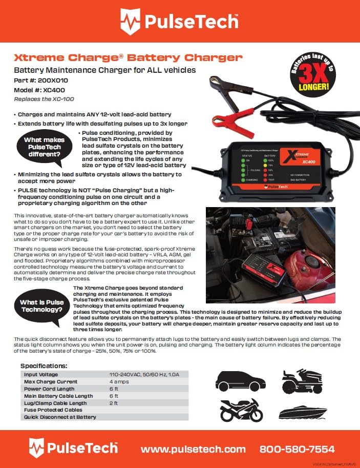 PulseTech XC400 Xtreme Charge 4 AMP Smart Battery Charger Maintainer, Trickle Charger | Test, Charge, Condition and Maintain All Types of 12V Lead-Acid Batteries