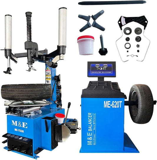 ME-T530Z & ME-B620 Tire Changer and Wheel Balancer Combo, Wheel Balancer with Pedal Inflation Gauge, Double Assist Arm Rim Clamp Machine, Alloy Steel Jaw and Stainless Mounting Head - color: Blue530+620