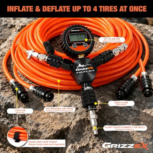 4 Tire Inflation & Deflation System, Air Up Down Kit with Digital Tire Pressure Gauge, Self-Locking Quick Coupler, TPU Braided Air Hoses, 7 Adapters for Trucks SUVs Jeeps 4x4
