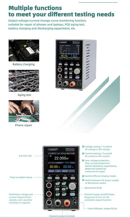 OWON SPM Series 1 CH DC Power Supply + Multimeter Function (SPM6053-60V/5A 300W,4 1/2 Digits,10mV/1mA) - style: SPM6053-60V/5A 300W,4 1/2 digits,10mV/1mA