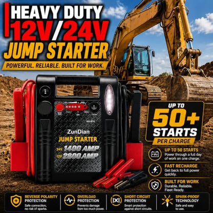 12V/24V Jump Starter - ZunDian 2800/1400 Amp Heavy Duty Battery Booster Pack, Portable Emergency Power for Cars, Trucks, SUVs, Tractors, Jump Box with USB/DC Power Unit