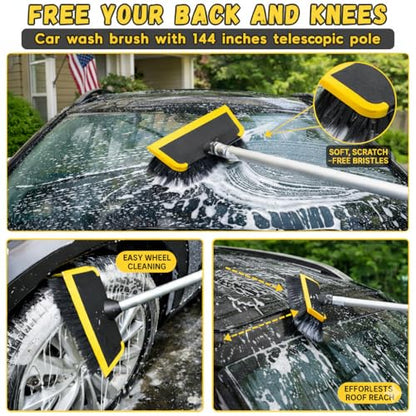 18FT Reach Car Wash Brush with Long Handle, Car Wash Kit with 4.6-12 Telescoping Pole, 20L Collapsible Bucket, Microfiber Cleaning Mop, Mitt, Window Squeegee for RV Truck SUV Boat Solar Pane Washing