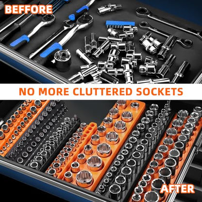 Magnetic Socket Organizer Holder Set – 8-Piece Tool Organizers Including 1/4", 3/8" and 1/2" Drive Socket Holder Metric & SAE 207 Pieces Socket Trays (Sockets are not Included)