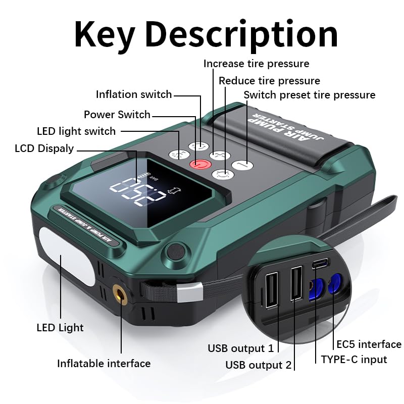 Jump Starter with Air Compressor,2000A 150PSI Car Jump Starter,21800mAh Battery Jump Starter Portable,12V Jump Box with Smart Jumper Cable LCD Display,Lights(Up All Gas/12.0L Diesel)