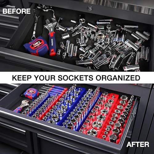 WORKPRO Magnetic Socket Organizer, 3/8-Inch SAE Socket Holder | Hold 26-Piece Sockets, Suitable for Standard and Deep Socket, Magnetic Base, No Scratches Installation, Sockets not Included - size: 3/8" DR - SAE