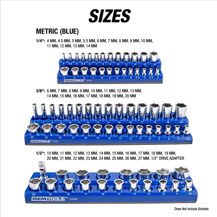 OEMTOOLS 22461 6 Pack Set Metric and SAE Magnetic Socket Tray Set, Green and Blue Socket Organizers, 1/4, 3/8, 1/2 Inch Drive Socket Organizer Tray Set - style: Green and Blue